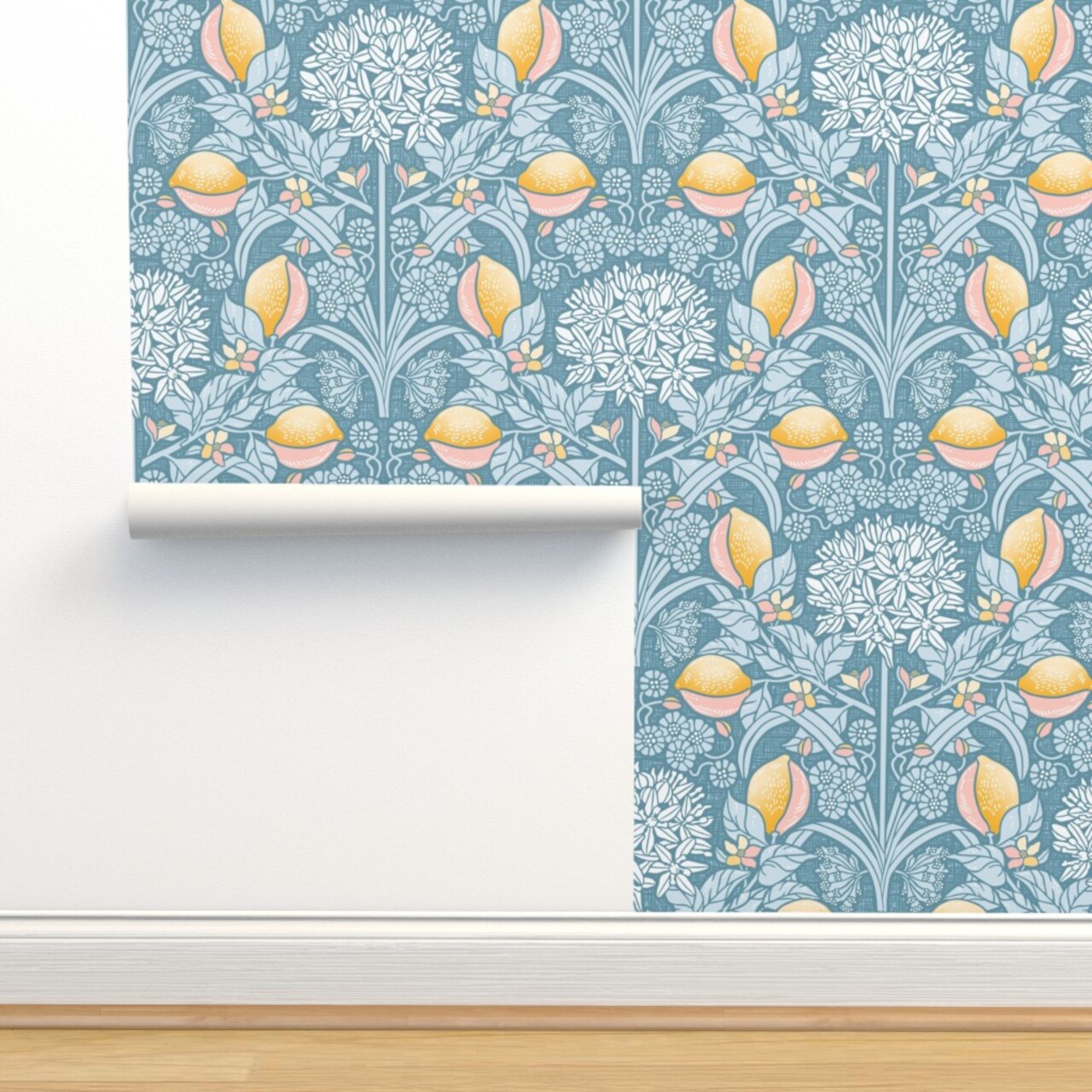 Blue Flowers Floral Citrus Damask Mustard Italian Botanical Agapanthus Large Scale Custom Removable Wallpaper by Spoonflower Peel & Stick Wallpaper 2FT Wide